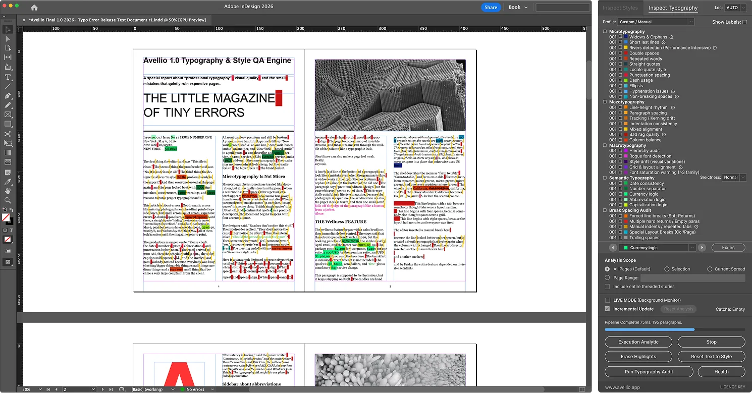Adobe InDesign workspace with the Avellio Inspect Typography panel open and typography findings highlighted across a magazine spread