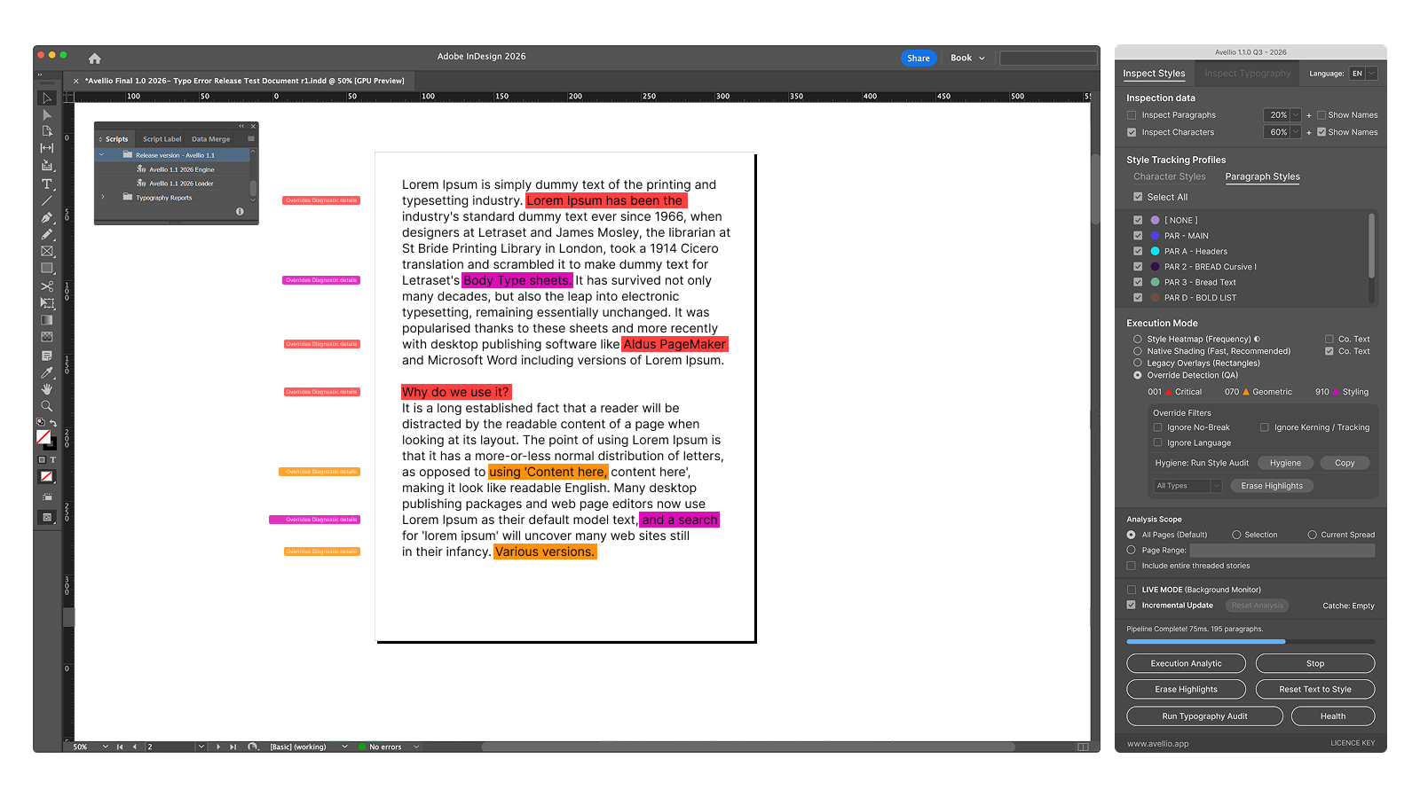 UI-06 — Override Detection in context, with Critical, Geometric, and Styling findings visible in the document and panel