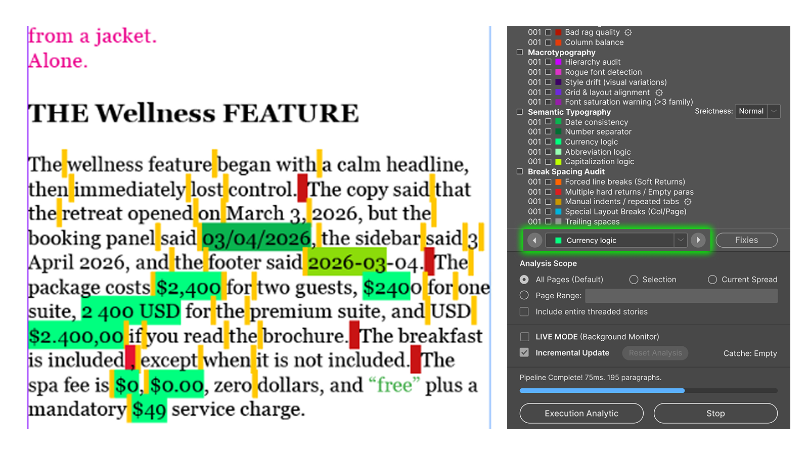 UI-11 — Persistent issue navigator with previous and next controls, issue-type menu, count, and Fixes entry point